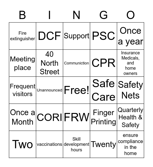 Family Resource Worker Bingo Card