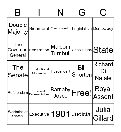 Parliament and Government Bingo Card