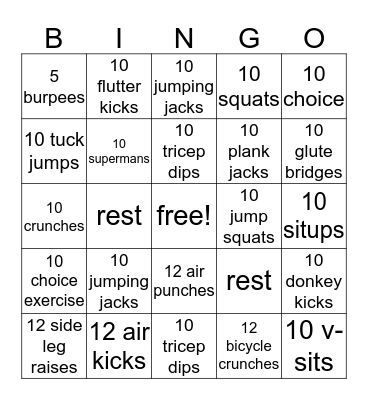 Fitness Bingo Card