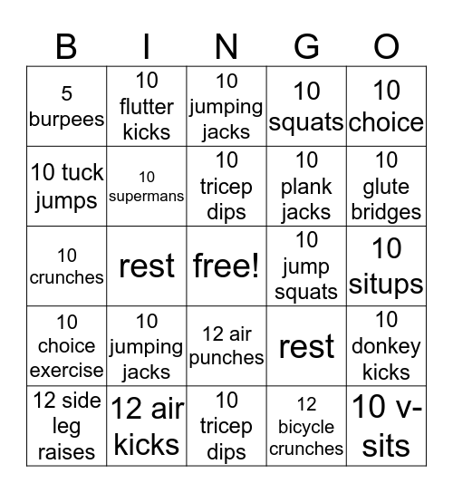 Fitness Bingo Card