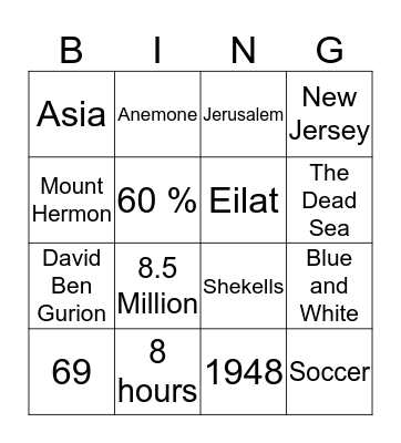 Israel Bingo Card