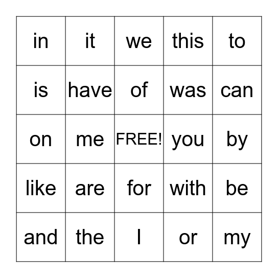 Sight Word Bingo Card