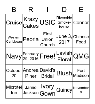 Andrea and Jamie Wedding Bingo Card