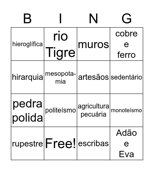 As primeiras civilizações Bingo Card