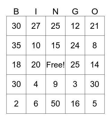 Multiplication by 2's, 3's, and 5's Bingo Card