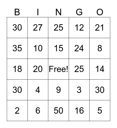 Multiplication by 2's, 3's, and 5's Bingo Card