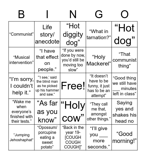 Mr. Palmer Bingo Card