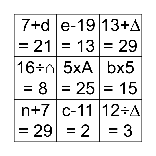 Algebra BINGO! Bingo Card