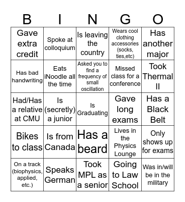 Senior Physics Bingo Card