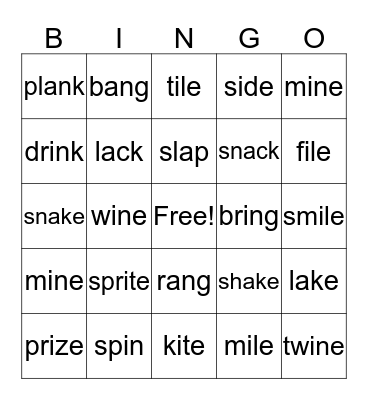 a-e, i-e, ng nk Bingo Card