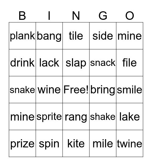 a-e, i-e, ng nk Bingo Card