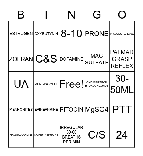 MATERNAL NEWBORN MEDICATIONS Bingo Card