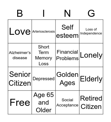 Late Adulthood Bingo Card