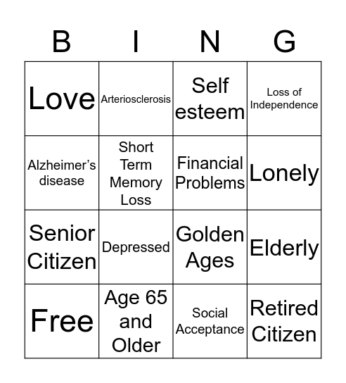 Late Adulthood Bingo Card