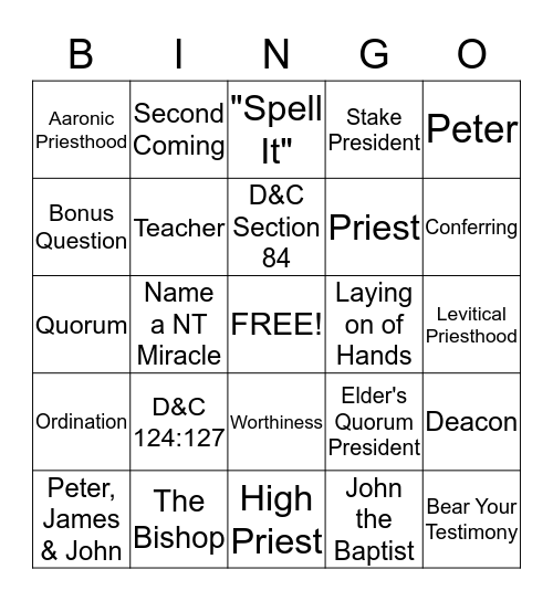Priesthood Bingo Card