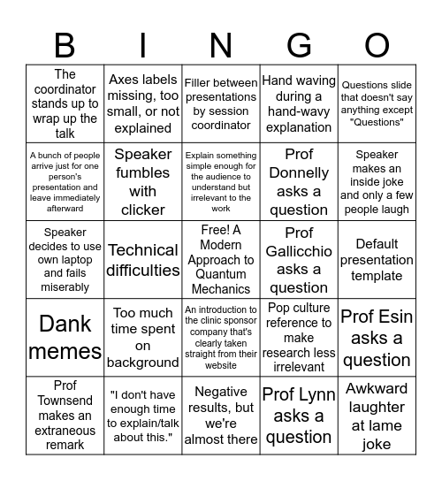 Physics Presentation Days Bingo Card