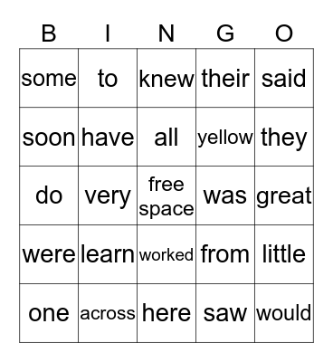 Sight Word Bingo Card