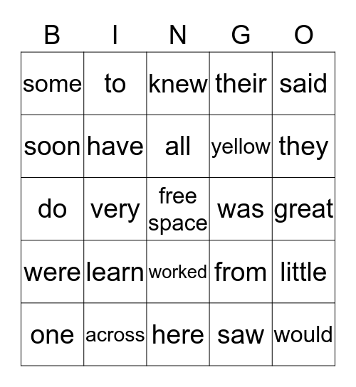 Sight Word Bingo Card