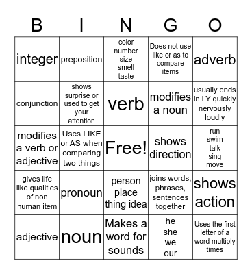 Parts of Speech Bingo Card