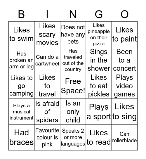 Get to know me Bingo Card