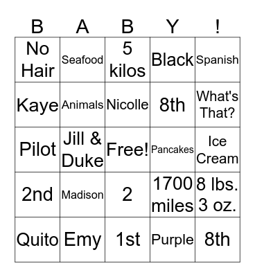 Baby! Bingo Card