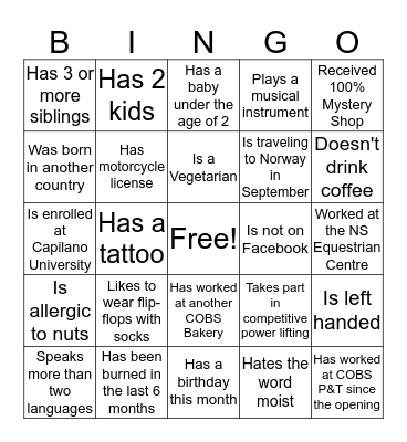 COBS Bread Park & Tilford Team BINGO Card