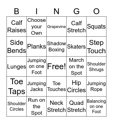 Fitness Bingo Card