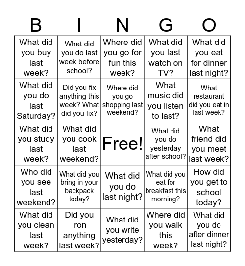 Past Tense Bingle Bingo Card