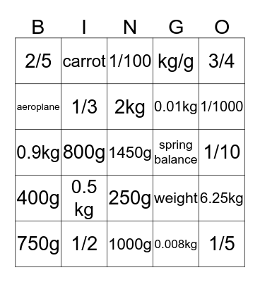 Weight Bingo Card