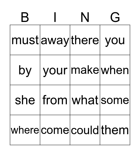 Sight Words Bingo Card