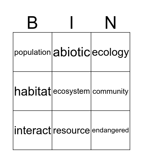 Ecology Bingo Card