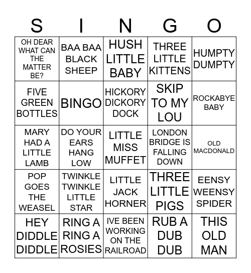 008 FUN KIDS SONGS Bingo Card