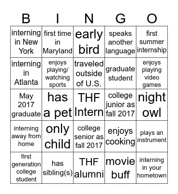 THF Intern Mixer Bingo Card