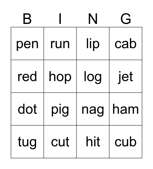 Word Families Bingo Card