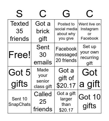 Senior Class Giving Campaign Bingo Card