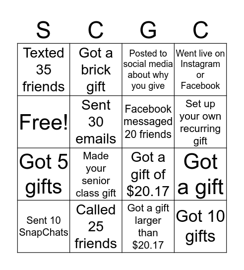 Senior Class Giving Campaign Bingo Card