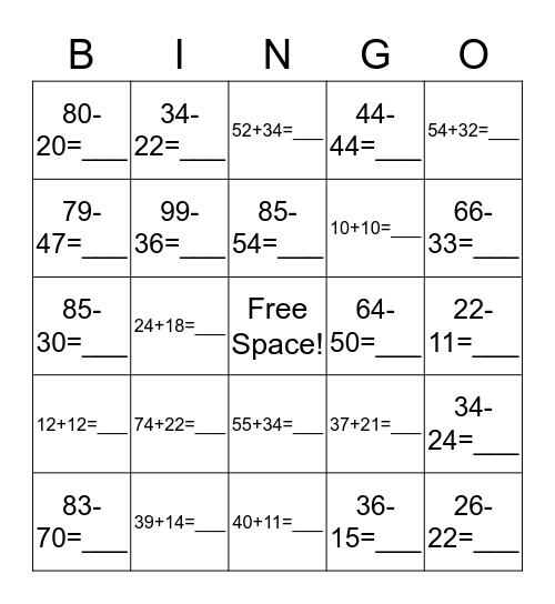 Double Digit Addition and Subtraction Bingo! Bingo Card