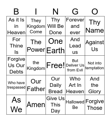 The Disciples Prayer BINGO Card