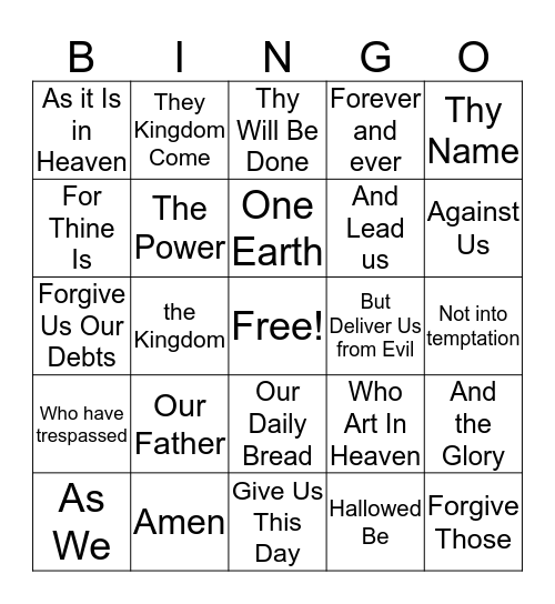 The Disciples Prayer BINGO Card