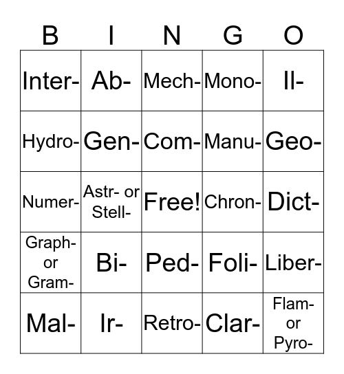 Word Parts Bingo Card