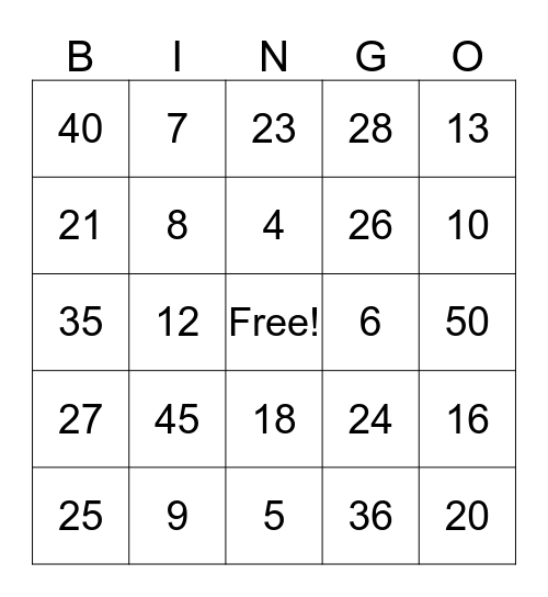 MULTIPLICATION MATH BINGO Card