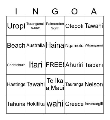 Placenames Bingo Card