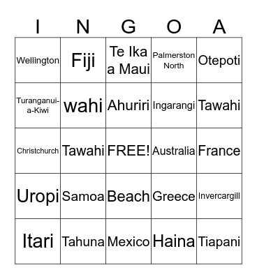 Placenames Bingo Card