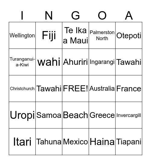 Placenames Bingo Card