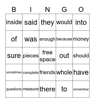 Sight Word Bingo Card