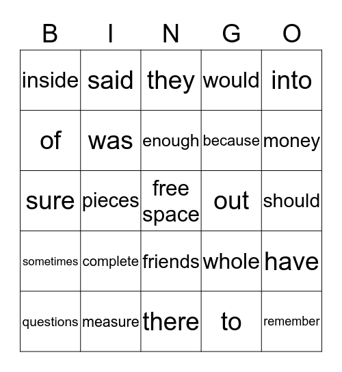 Sight Word Bingo Card