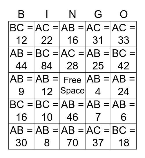 Line Segment Bingo Card Bingo Card