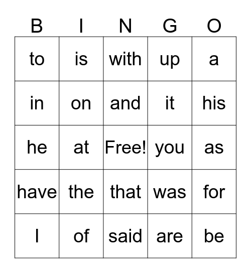 Sight Words Bingo Card