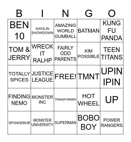 CARTOON MOVIE Bingo Card
