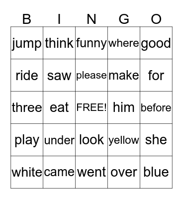 Sight Word Bingo Card